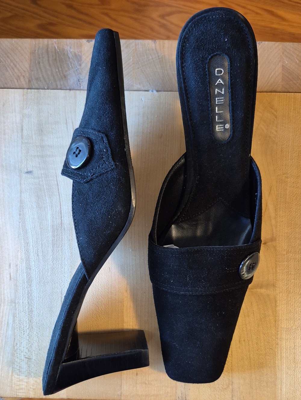 Danielle Black Suede Square-Toe Button Mules 9M